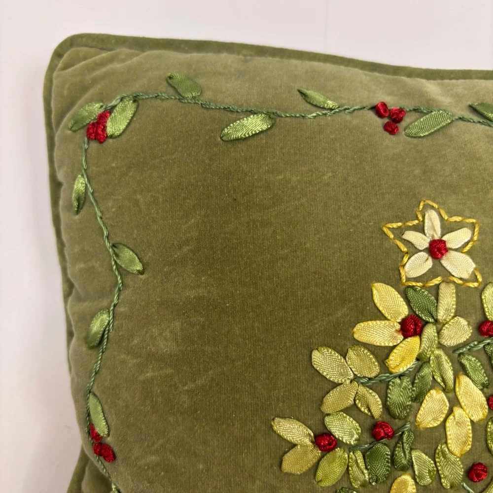 Vtg Christmas Tree Ribbon Embroidery Velvet Throw Pillow Sage Green Holiday